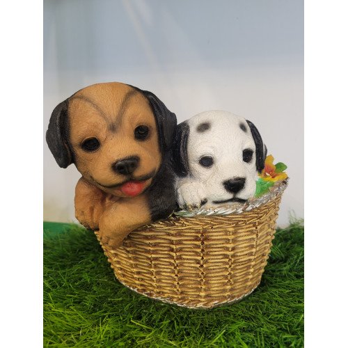 Dog Showpiece Statue - Sitting in Basket Design | Multipurpose Basket | Cute Puppy Figurine - for Entrance, Living Room, Kitchen Decor, House Warming Gifts