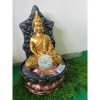 BUDDHA SITTING UNDER THREE LAYER WATERFALL FOUNTAIN WITH LIGHT AND GLASS BALL