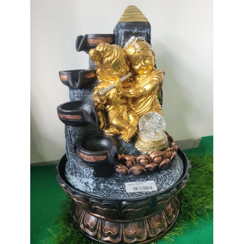 Lord Radha Krishna Handicraft Tabletop Indoor Waterfall Fountain with Crystall Ball LED Light Temple Decoration Items water Fountain for Home Vastu 