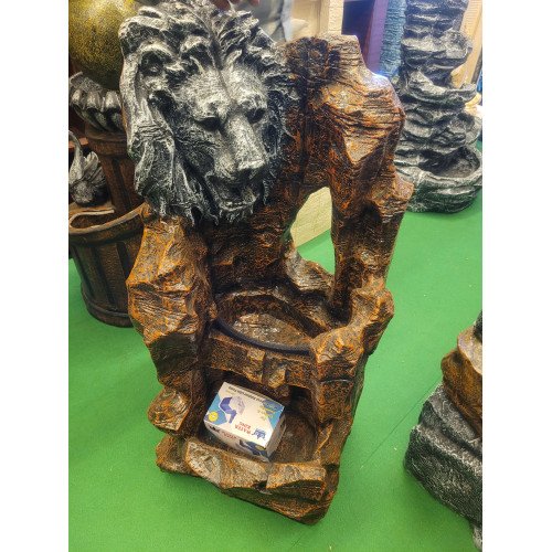 Lion Face Water Fountain Ð Stone Colour with Dark Brown Finis Tabletop Fountain with LED Light